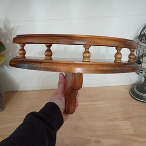 Vintage Half Round Wooden Wall Shelf with Railing Country Cottage Decor
